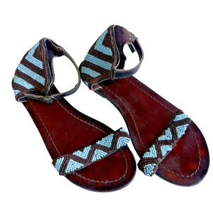 sz 8 Womens Sandals Turquoise Brown Beaded Leather Ankle Strap By Roper